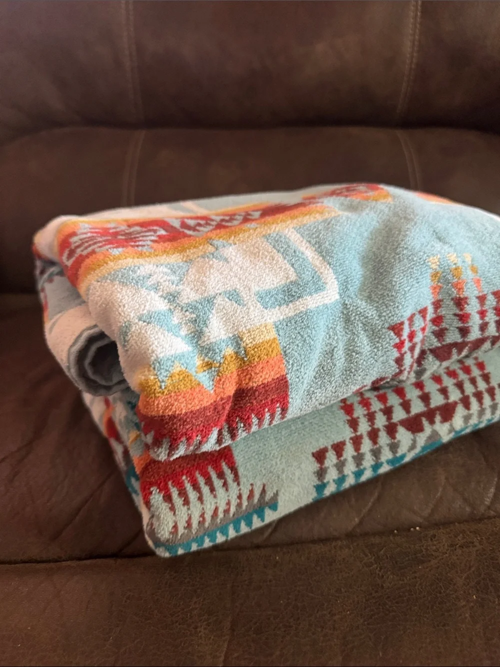 Pendleton Light Blue Bath Towel with Red, Orange & Yellow Southwestern Pattern